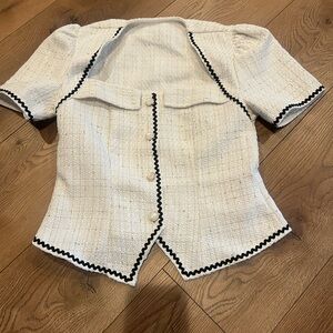 Chic White Short Sleeve Blazer Top with Black Trim Brand new